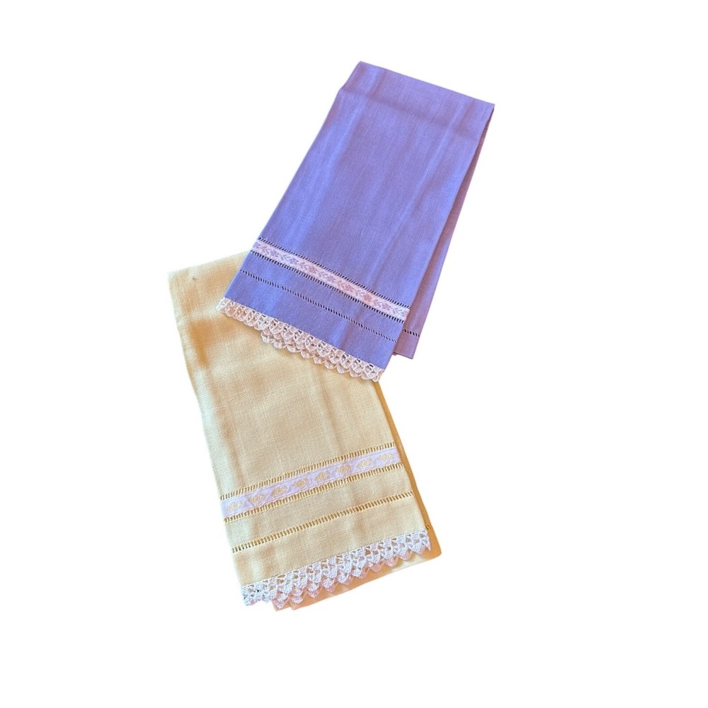 Vintage Yellow & Lavender Linen Hand Towels With Lace Trim & Embroidered Details